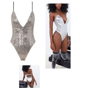 NWT GLIMMER SILVER SEQUIN EMBELLISH BODYSUIT SZ XS.  So cute but I am too busty!